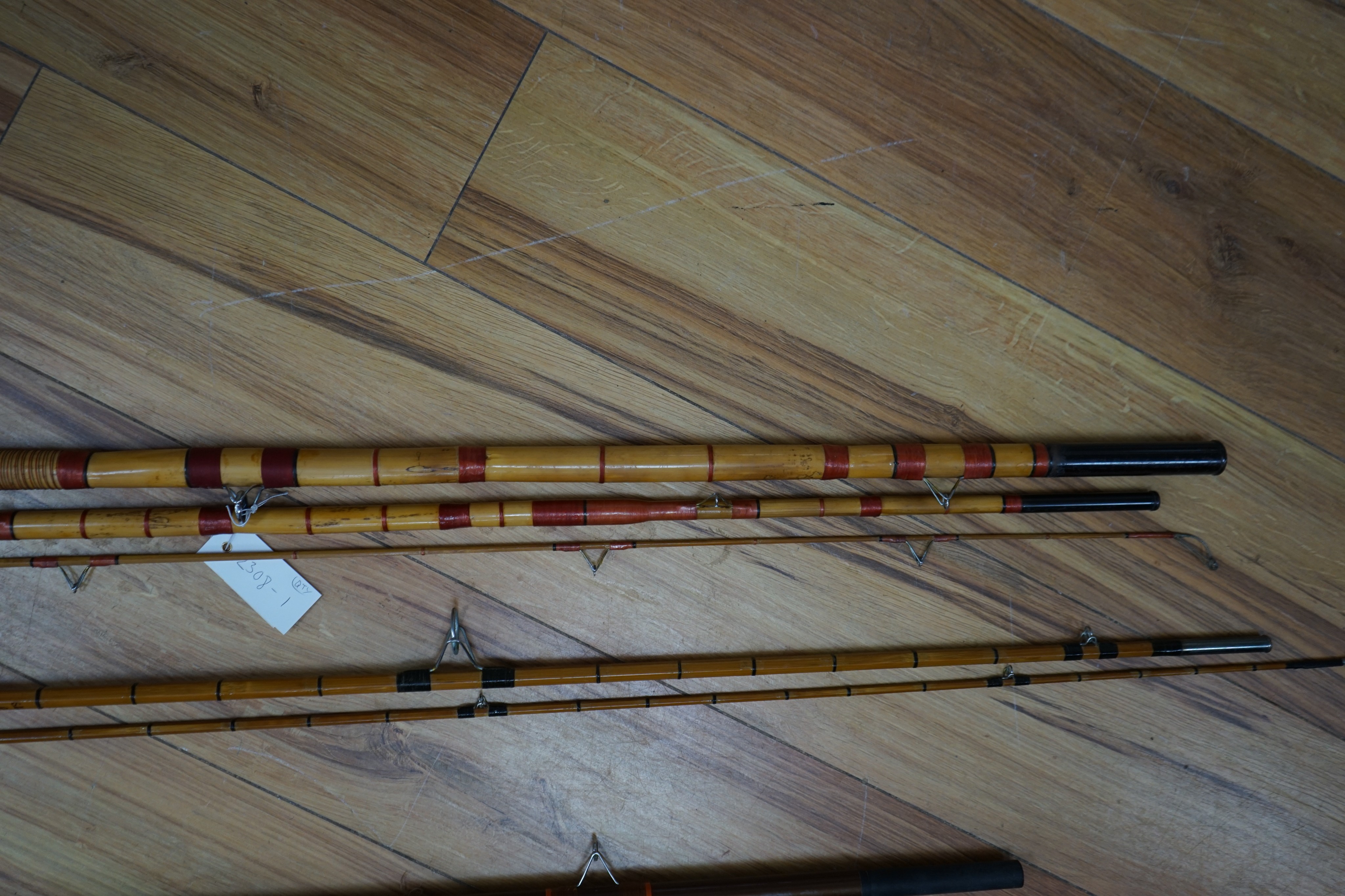 A collection of mixed split cane fishing rods, Les Compton, Elasticane, Carton-James and another (4)